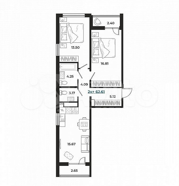 2-к квартира, 62 кв.м.