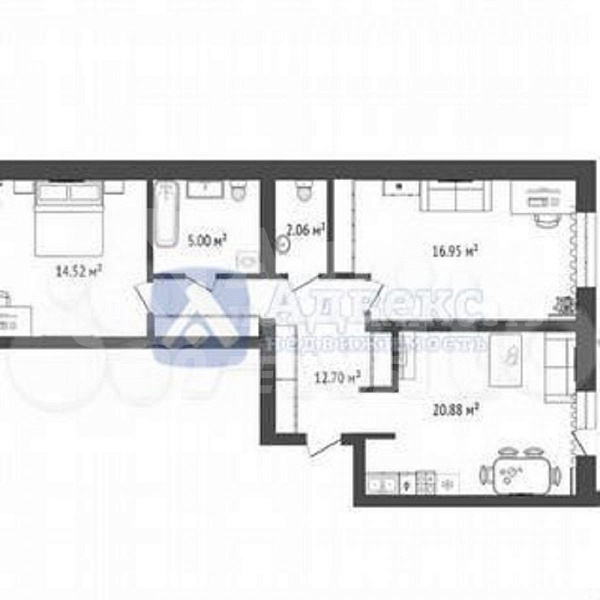 Квартира 2-комн., 73 м²