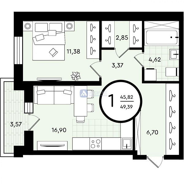 Квартира 1-комн., 49.39 м²