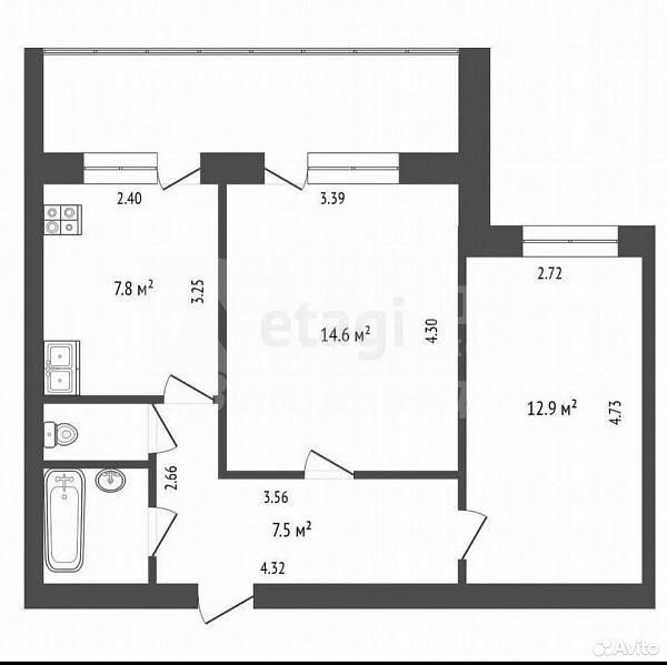 Квартира 2-комн., 46.6 м²
