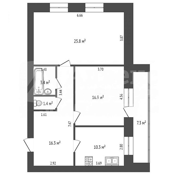 2-к квартира, 75 кв.м.