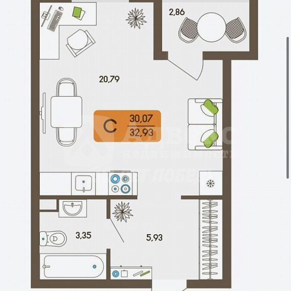 Студия, 29 кв.м.