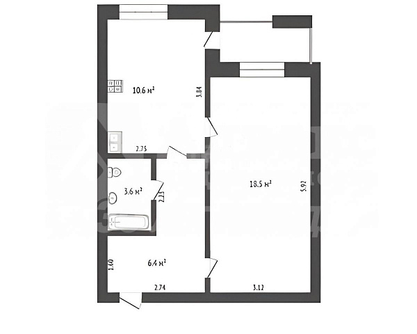 Квартира 1-комн., 39.1 м²