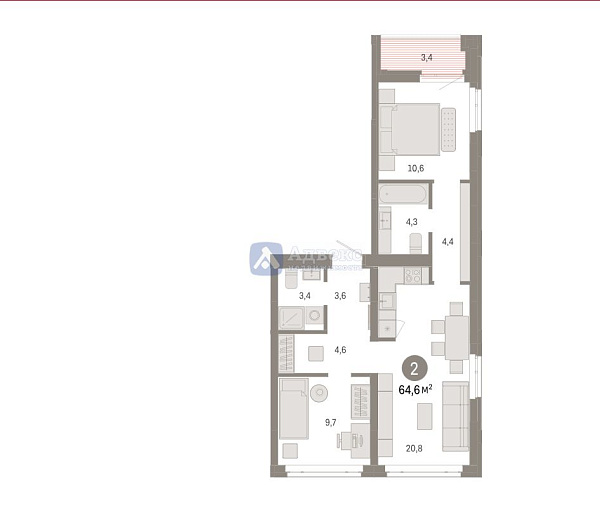 2-к квартира в новостройке, 64 кв.м.