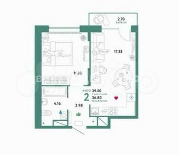 Квартира 1-комн., 39.5 м²