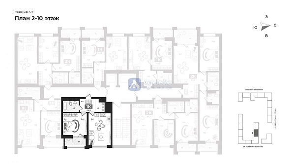 Квартира 1-комн., 44.6 м²