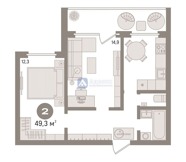 Квартира 2-комн., 49.3 м² Квартира 2-комн., 49.3 м²