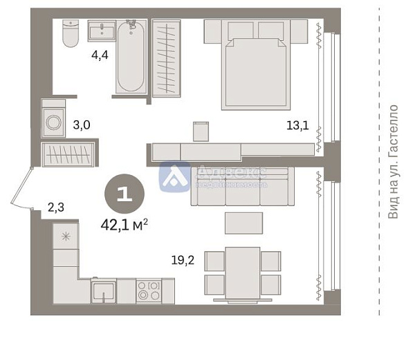 1-к квартира, 42 кв.м.
