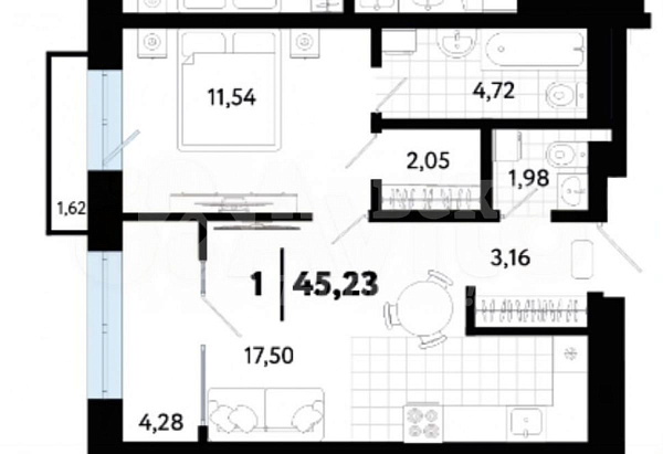 1-к квартира, 45 кв.м.