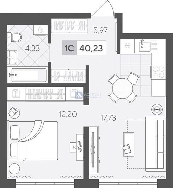 1-к квартира в новостройке, 40 кв.м.