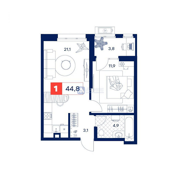 Квартира 1-комн., 44.8 м²