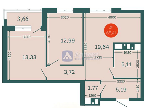 2-к квартира, 61 кв.м.