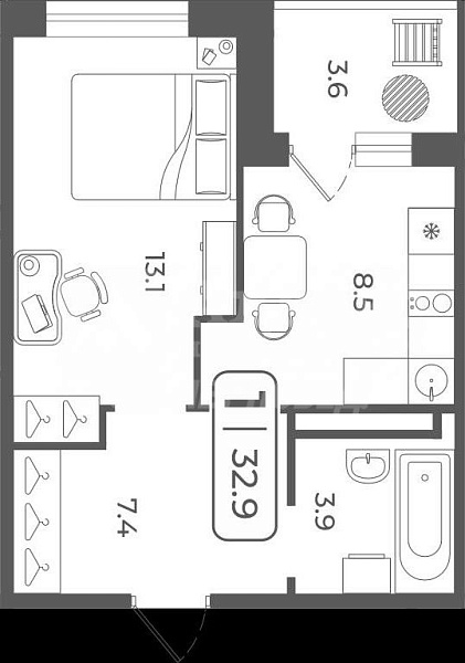 Квартира 1-комн., 32.9 м²