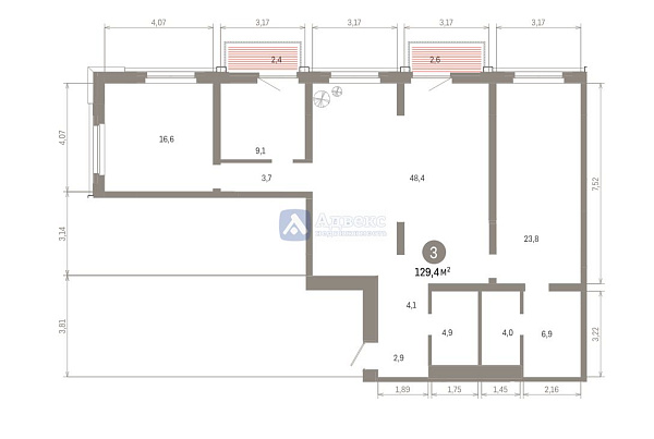 3-к квартира в новостройке, 129 кв.м.