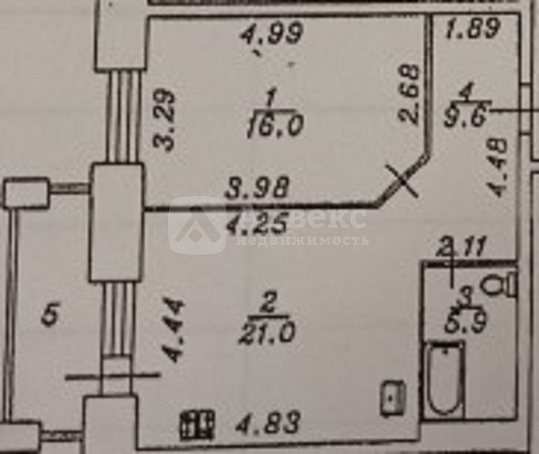 Квартира 1-комн., 52.5 м²