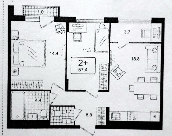 Квартира 2-комн., 58 м²
