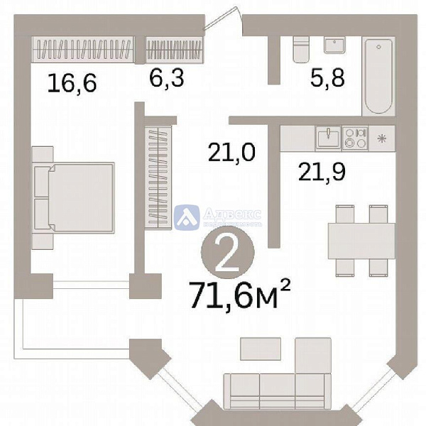 Квартира 2-комн., 71.6 м²