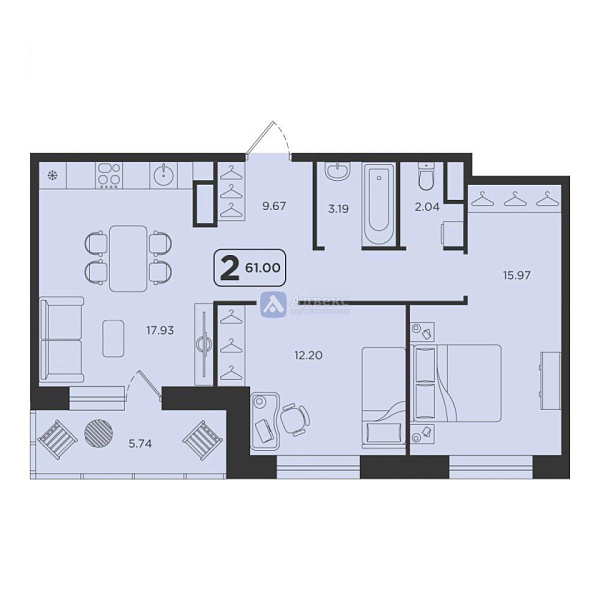 Квартира 2-комн., 61 м²