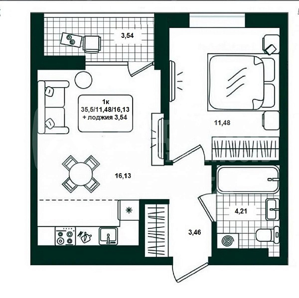 Квартира 1-комн., 35.5 м²