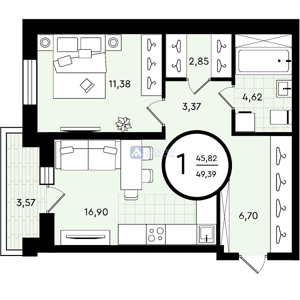 Квартира 1-комн., 49.39 м²