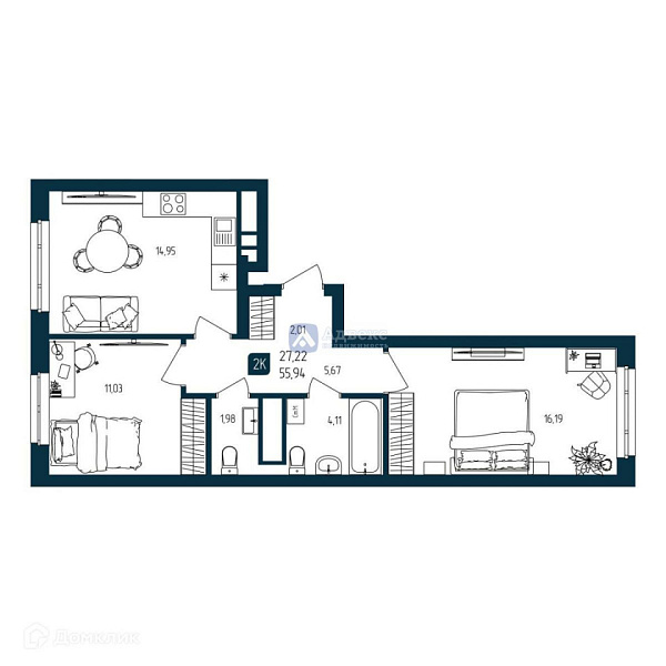 Квартира 2-комн., 55.94 м²
