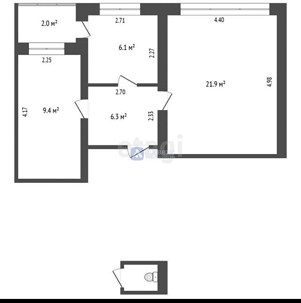 Квартира 3-комн., 43.7 м²