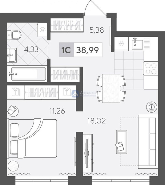 1-к квартира в новостройке, 38 кв.м.