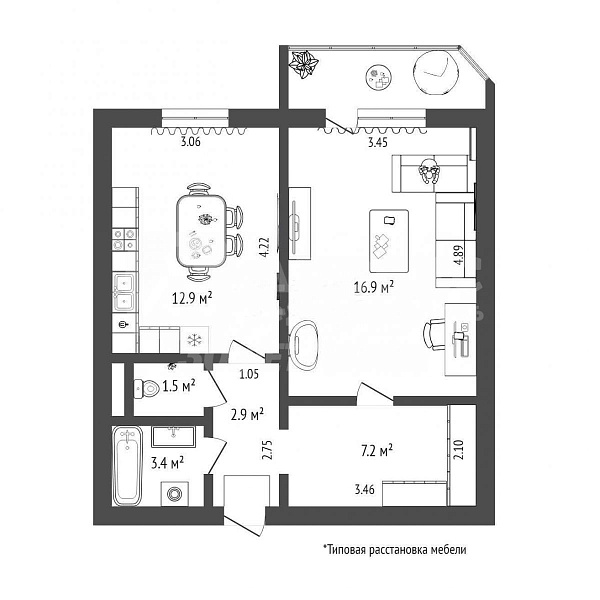 Квартира 1-комн., 44.6 м²