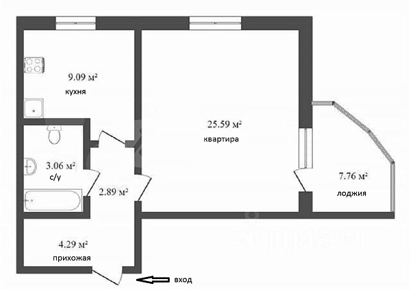 Квартира 1-комн., 45 м²