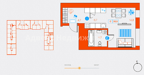 Квартира студия, 30.5 м²