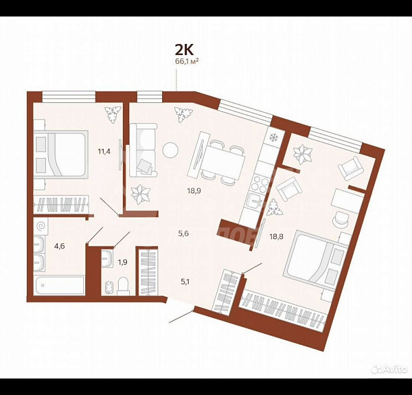 Квартира 2-комн., 66.1 м²