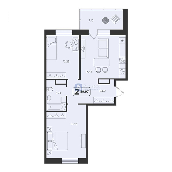 Квартира 2-комн., 59.97 м²