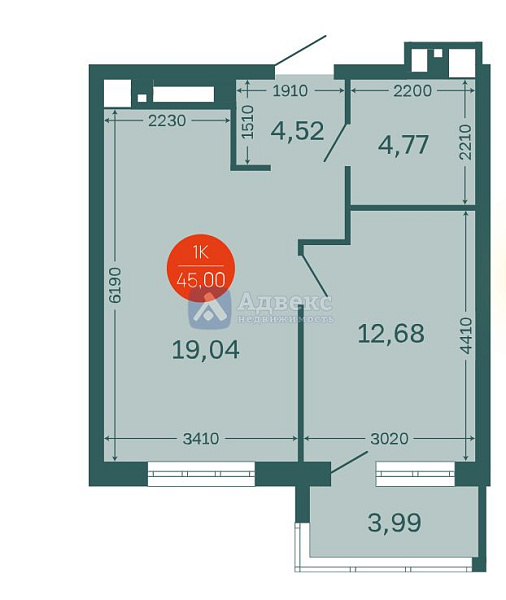 Квартира 1-комн., 41.3 м²