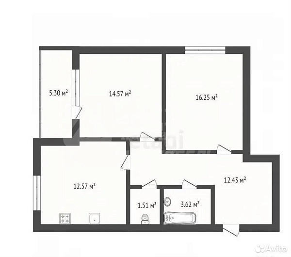 2-к квартира, 60 кв.м.