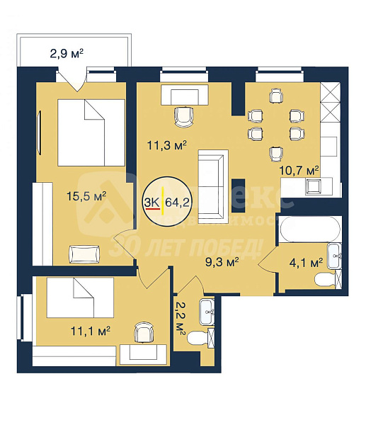 Квартира 3-комн., 64.2 м²