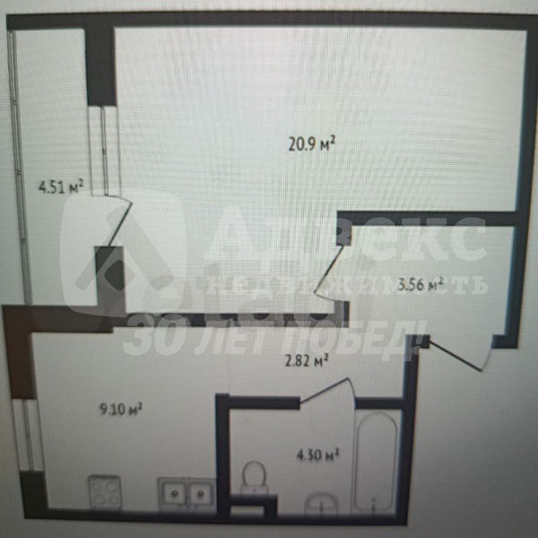 Квартира 1-комн., 40.6 м²