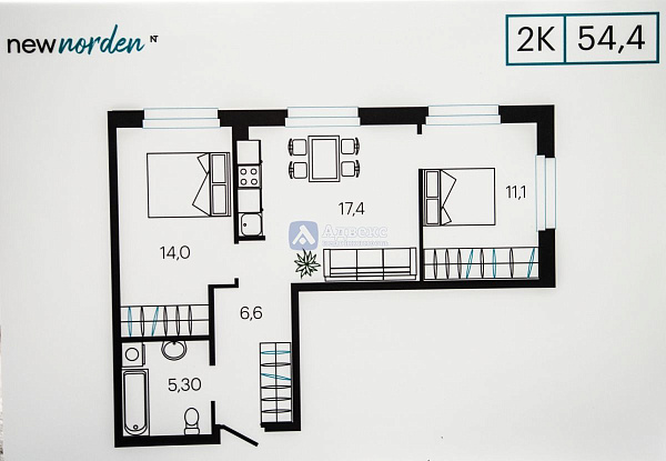 Квартира 2-комн., 54.6 м²