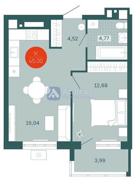 Квартира 1-комн., 41.3 м²