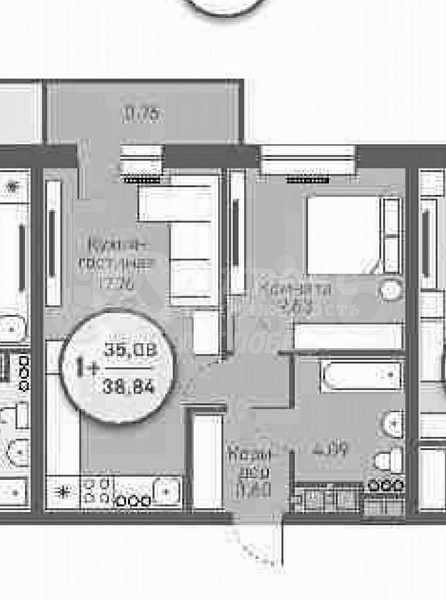 1-к квартира, 38 кв.м.