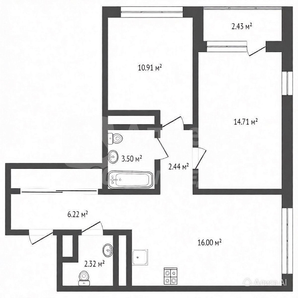 2-к квартира, 56 кв.м.