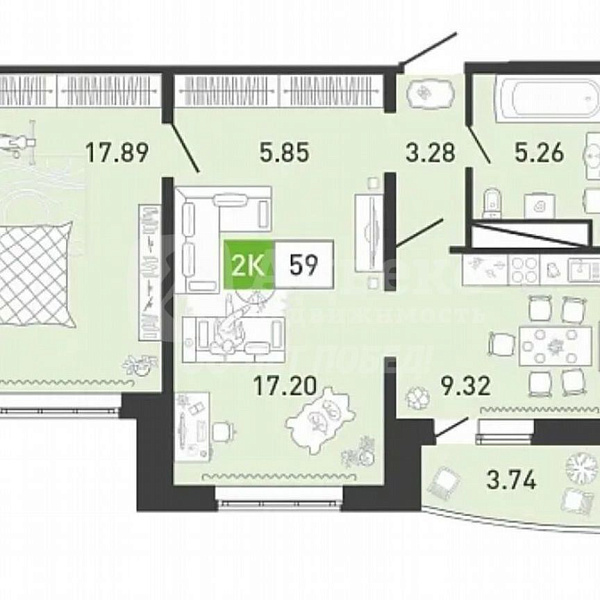 2-к квартира, 58 кв.м.