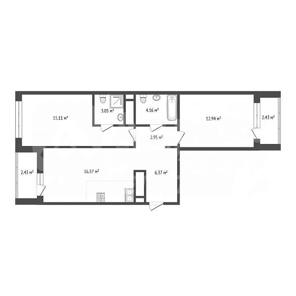 2-к квартира, 59 кв.м.