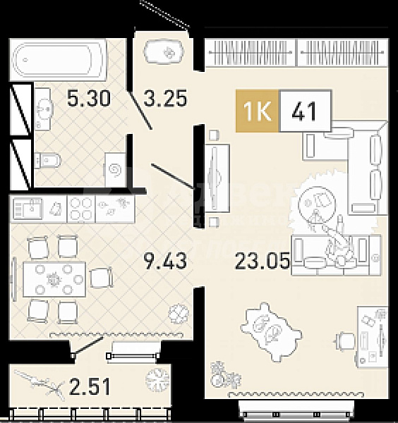 Квартира 1-комн., 41 м²