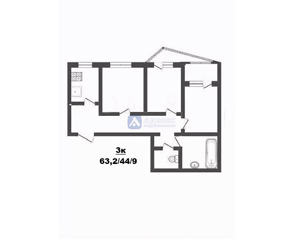 3-к квартира, 63 кв.м.