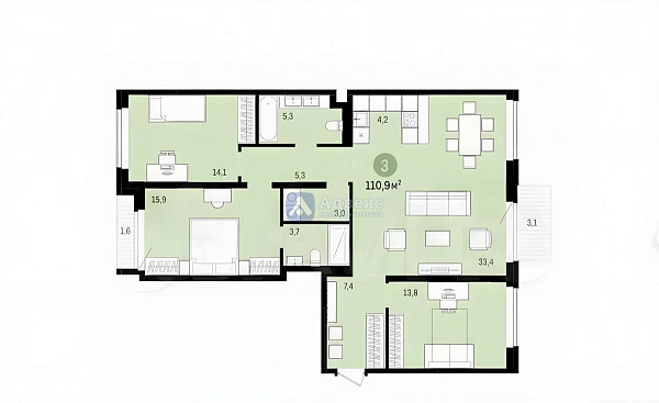 3-к квартира, 110 кв.м.