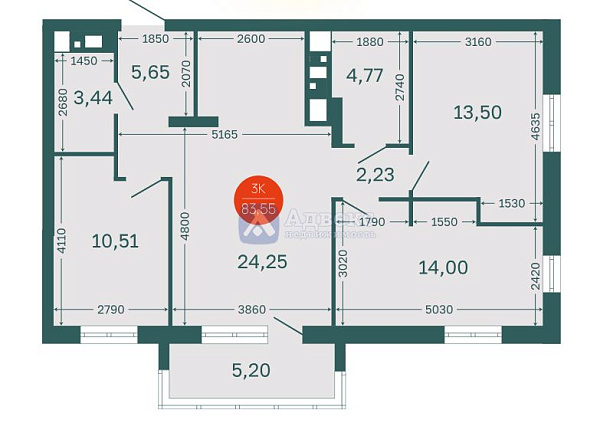 Квартира 3-комн., 78.5 м²