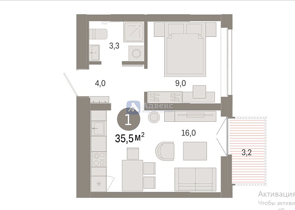 1-к квартира в новостройке, 35 кв.м.