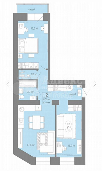 Квартира 2-комн., 63.1 м²
