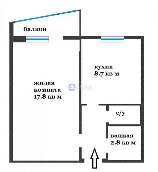 1-к квартира, 34 кв.м.