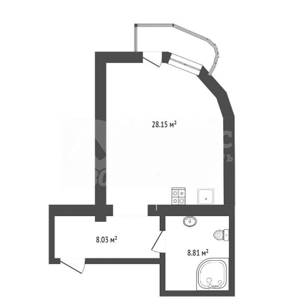 Квартира студия, 44.8 м²